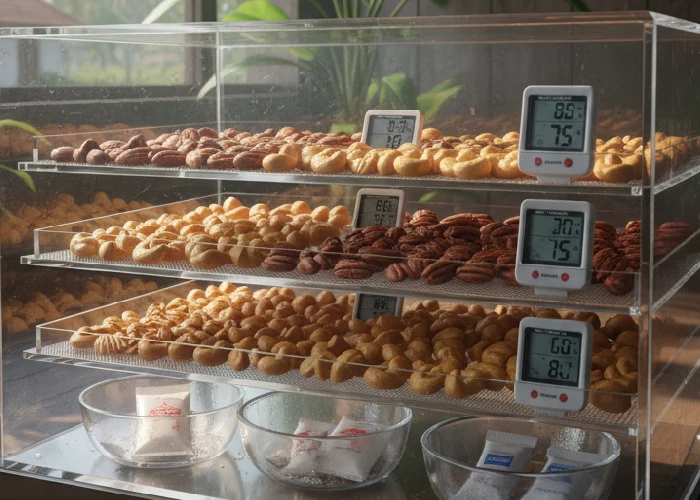 Butterscotch nuts tested for temperature and moisture stability in South Indian climate conditions.