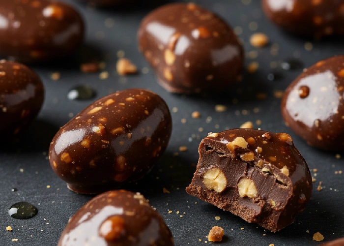 Candy stabilizer protecting candy coatings made with dark choco paste and butterscotch nuts.