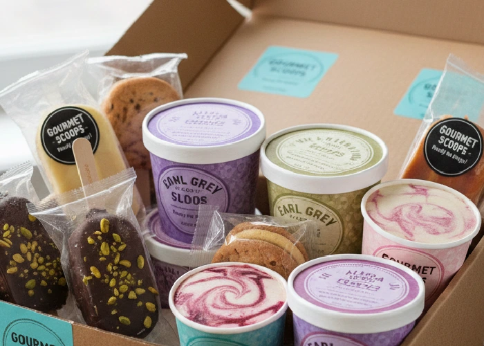 A variety of artisanal ice cream treats and new ice cream flavors packaged and ready for a convenient ice cream experience.