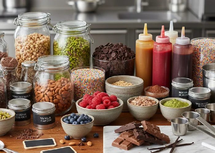 Professional ice cream supply ingredients on a table.