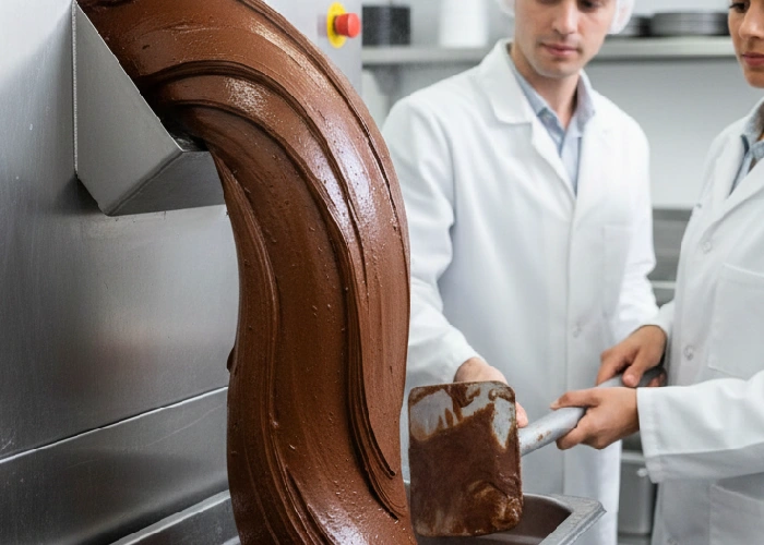 Professional ice cream manufacturers churning a fresh batch of chocolate.