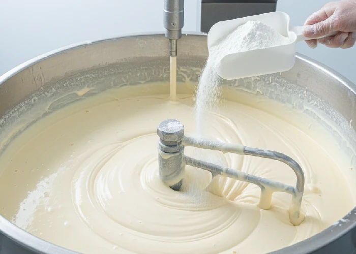 Fresh sweet cream ice cream being mixed in a vat with a natural ice cream emulsifier for a silky consistency.